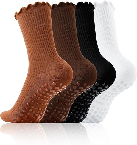 Pilates Socks for Women Non Slip Cute Ruffle Sock High Grip Socks Soft Cotton Sock for Women Ideal for Yoga,4 Pairs in Kuwait