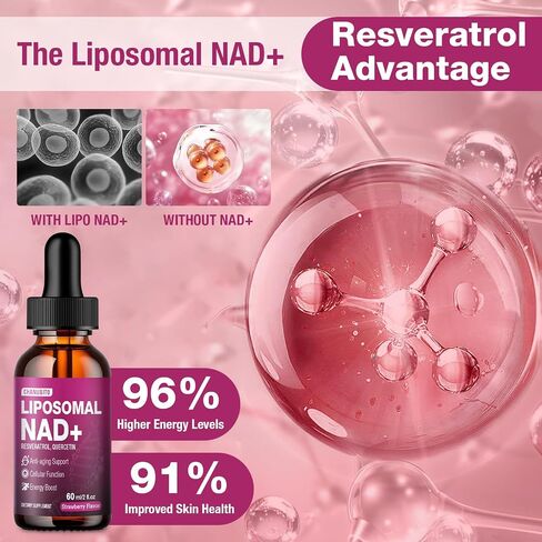 Liposomal NAD+ Liquid Drops with Resveratrol & Quercetin – 1200mg NAD+ Supplement for Anti-Aging, Brain & Cellular Energy – Vegan, Non-GMO, Strawberry Flavor, 2 Fl Oz in Saudi Arabia