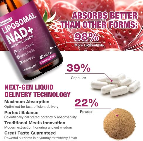Liposomal NAD+ Liquid Drops with Resveratrol & Quercetin – 1200mg NAD+ Supplement for Anti-Aging, Brain & Cellular Energy – Vegan, Non-GMO, Strawberry Flavor, 2 Fl Oz in Saudi Arabia