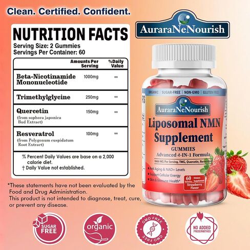 NMN Supplement 1000mg Pure, 4-in-1 Liposomal NMN Resveratrol Supplement Gummies w.Quercetin & TMG, Nicotinamide Mononucleotide NAD+ Precursor for NAD+ Levels, Cellular Energy & Healthy Aging, 60 Count in Saudi Arabia