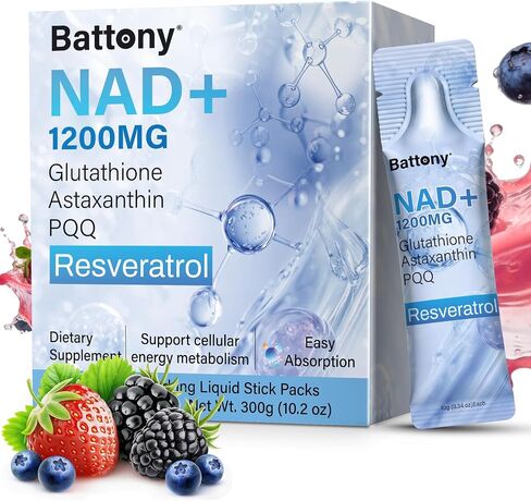 Battony NAD+ Liquid Supplement 1200mg – High Absorption Liquid Packets with NMN, Resveratrol, Glutathione, PQQ – Boost Cellular Energy & Healthy Aging for Men & Women – 30 Servings in Saudi Arabia