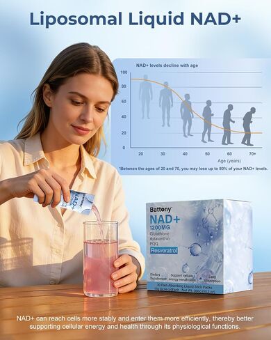 Battony NAD+ Liquid Supplement 1200mg – High Absorption Liquid Packets with NMN, Resveratrol, Glutathione, PQQ – Boost Cellular Energy & Healthy Aging for Men & Women – 30 Servings in Saudi Arabia
