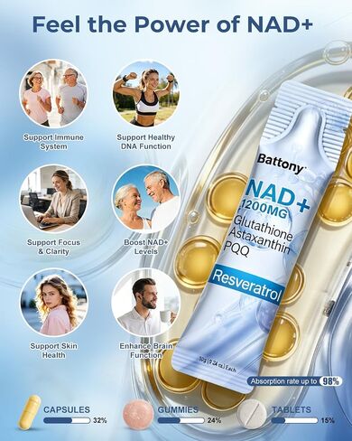Battony NAD+ Liquid Supplement 1200mg – High Absorption Liquid Packets with NMN, Resveratrol, Glutathione, PQQ – Boost Cellular Energy & Healthy Aging for Men & Women – 30 Servings in Saudi Arabia