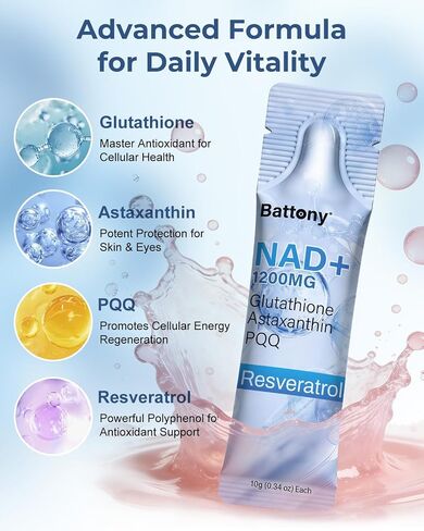 Battony NAD+ Liquid Supplement 1200mg – High Absorption Liquid Packets with NMN, Resveratrol, Glutathione, PQQ – Boost Cellular Energy & Healthy Aging for Men & Women – 30 Servings in Saudi Arabia