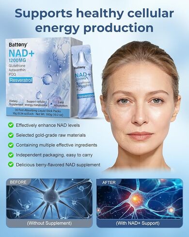 Battony NAD+ Liquid Supplement 1200mg – High Absorption Liquid Packets with NMN, Resveratrol, Glutathione, PQQ – Boost Cellular Energy & Healthy Aging for Men & Women – 30 Servings in Saudi Arabia