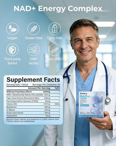 Battony NAD+ Liquid Supplement 1200mg – High Absorption Liquid Packets with NMN, Resveratrol, Glutathione, PQQ – Boost Cellular Energy & Healthy Aging for Men & Women – 30 Servings in Saudi Arabia
