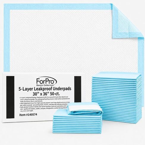 ForPro Basics 5-Layer Leakproof Disposable Underpads, Ultra-Absorbent Incontinence Pads for Babies, Adults, Pets, 30" x 36", 50-Count in Kuwait
