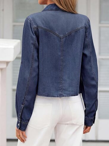 PRETTYGARDEN Womens Denim Shirts Long Sleeve Button Down Shirt Women Tie Knot Front Cardigans Summer Jean Crop Tops Jackets in Kuwait