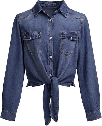 PRETTYGARDEN Womens Denim Shirts Long Sleeve Button Down Shirt Women Tie Knot Front Cardigans Summer Jean Crop Tops Jackets in Kuwait