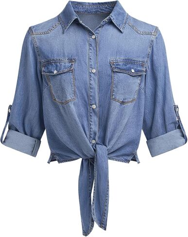 PRETTYGARDEN Womens Denim Shirts Long Sleeve Button Down Shirt Women Tie Knot Front Cardigans Summer Jean Crop Tops Jackets in Kuwait