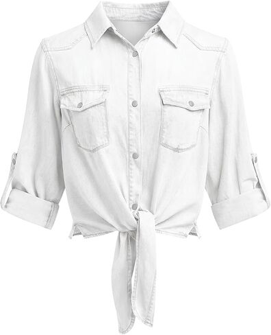 PRETTYGARDEN Womens Denim Shirts Long Sleeve Button Down Shirt Women Tie Knot Front Cardigans Summer Jean Crop Tops Jackets in Kuwait