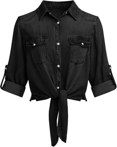 PRETTYGARDEN Womens Denim Shirts Long Sleeve Button Down Shirt Women Tie Knot Front Cardigans Summer Jean Crop Tops Jackets in Kuwait