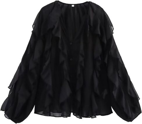 HangNiFang Ruffled Multi-Layered Summer Blouse for Women Trendy Semi See Through V-Neck Long Sleeve Button Chiffon Shirt Tops in Kuwait