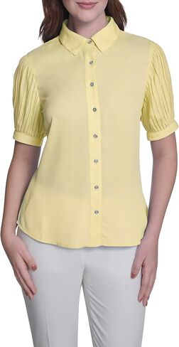 Tommy Hilfiger Women's Collared Neck Short Sleeve Button Up Pleated Sleeve Top in Kuwait