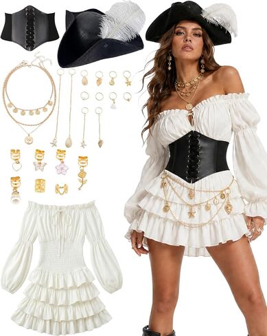 7 Pcs Pirate Costume Women Renaissance Dress Set, Medieval Pirate Outfit for Women with Hat and Accessories in Saudi Arabia