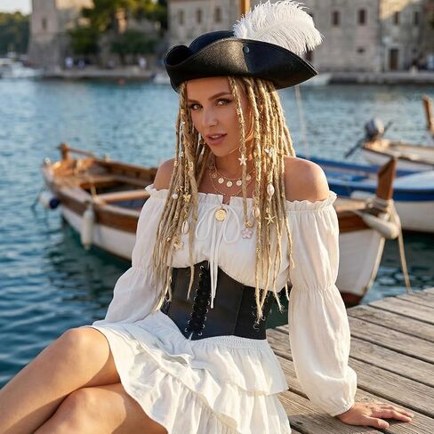 7 Pcs Pirate Costume Women Renaissance Dress Set, Medieval Pirate Outfit for Women with Hat and Accessories in Saudi Arabia