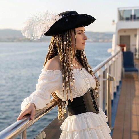 7 Pcs Pirate Costume Women Renaissance Dress Set, Medieval Pirate Outfit for Women with Hat and Accessories in Saudi Arabia