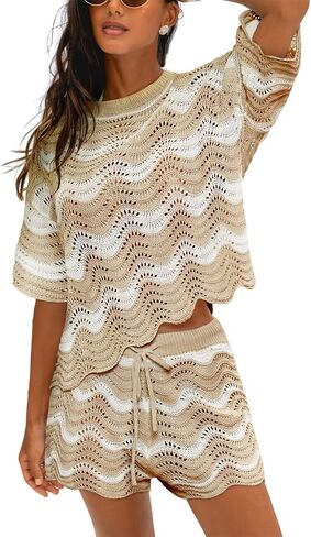 CUPSHE Women's Crochet Cover Up Set Striped Short Sleeve Beach Cover Up 2 Piece Sets for Swimwear in Kuwait