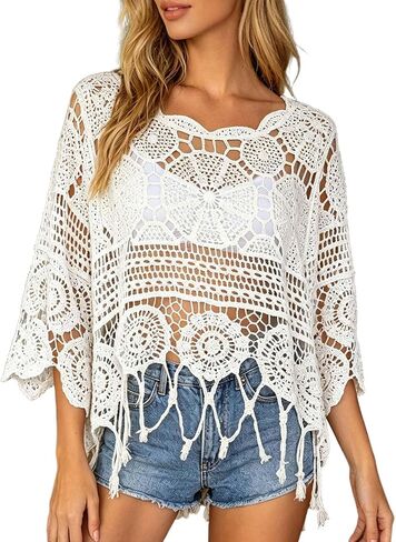 Womens Crochet Tops Summer Boho 3/4 Sleeve Crewneck Lightweight Hollow Out Knit Top Summer Beach Swimsuit Coverup in Saudi Arabia