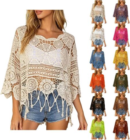 Womens Crochet Tops Summer Boho 3/4 Sleeve Crewneck Lightweight Hollow Out Knit Top Summer Beach Swimsuit Coverup in Saudi Arabia