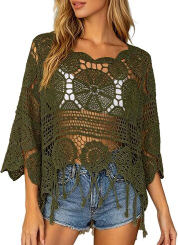 Womens Crochet Tops Summer Boho 3/4 Sleeve Crewneck Lightweight Hollow Out Knit Top Summer Beach Swimsuit Coverup in Saudi Arabia