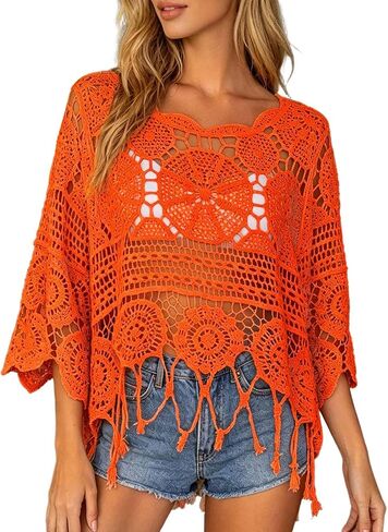 Womens Crochet Tops Summer Boho 3/4 Sleeve Crewneck Lightweight Hollow Out Knit Top Summer Beach Swimsuit Coverup in Saudi Arabia