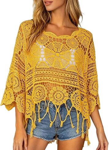 Womens Crochet Tops Summer Boho 3/4 Sleeve Crewneck Lightweight Hollow Out Knit Top Summer Beach Swimsuit Coverup in Saudi Arabia