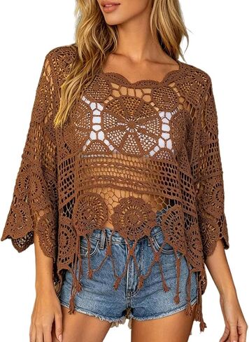 Womens Crochet Tops Summer Boho 3/4 Sleeve Crewneck Lightweight Hollow Out Knit Top Summer Beach Swimsuit Coverup in Saudi Arabia