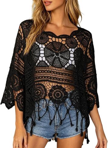 Womens Crochet Tops Summer Boho 3/4 Sleeve Crewneck Lightweight Hollow Out Knit Top Summer Beach Swimsuit Coverup in Saudi Arabia
