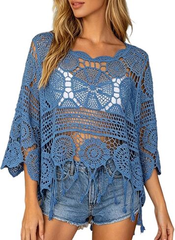 Womens Crochet Tops Summer Boho 3/4 Sleeve Crewneck Lightweight Hollow Out Knit Top Summer Beach Swimsuit Coverup in Saudi Arabia