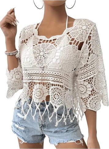 MakeMeChic Women's Crochet Cover Ups Tops Summer Crew Neck 3/4 Sleeve Beach Swimsuit Coverup in Kuwait
