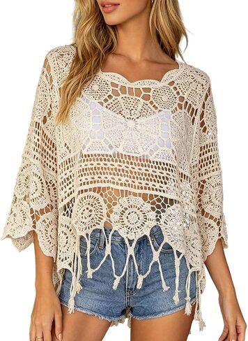 Womens Crochet Tops Summer Boho 3/4 Sleeve Crewneck Lightweight Hollow Out Knit Top Summer Beach Swimsuit Coverup in Saudi Arabia