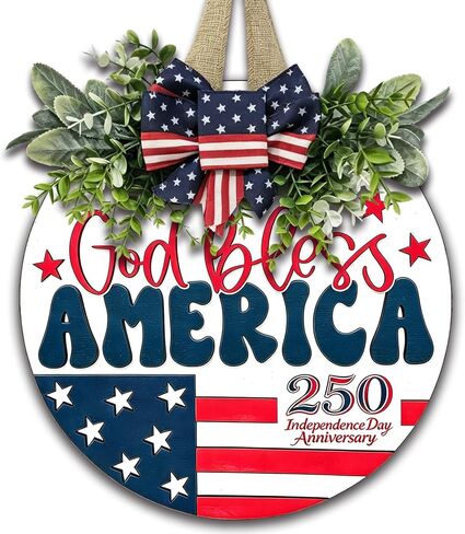 4th of July Wreath Patriotic Wreaths for Front Door, 250 Anniversary Independence Wreath Memorial Day Decorations Wooden Welcome 4th of July Wreaths for Front Door Home Decor (God Bless America) in Saudi Arabia