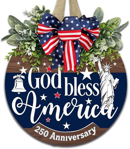 4th of July Wreath Patriotic Wreaths for Front Door, 250 Anniversary Independence Wreath Memorial Day Decorations Wooden Welcome 4th of July Wreaths for Front Door Home Decor (God Bless America) in Saudi Arabia