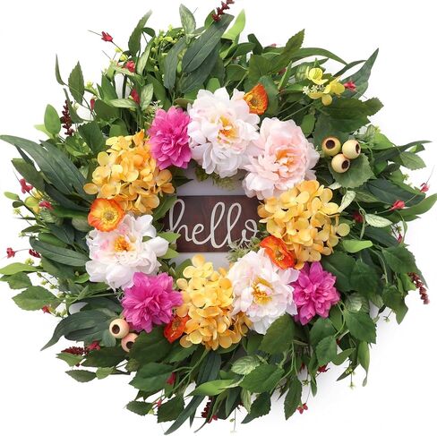 24" Wreaths for Front Door with Hydrangea Dahlia Phalaenopsis Spring&Summer Artificial Flowers for Outdoor Wedding Party Front Door Porch Yard Patio Window Box Home Decor in Saudi Arabia