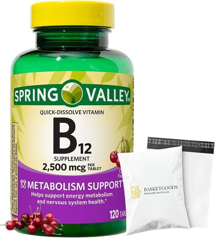 Spring Valley Vitamin B12 2500 mcg Quick-Dissolve Tablets Dietary Supplement, Vitamin B12 Complex for Women and Men, 120 Tablets (Pack of 1) Set with Basket Goods Store. in Saudi Arabia