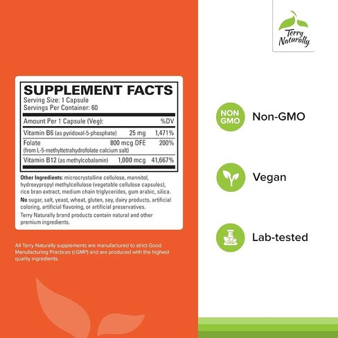 Terry Naturally BioActive Vitamin B - 60 Capsules - Biologically Active Forms of VItamin B12, Folate & B6 - Non-GMO, Vegan, Gluten Free - 60 Servings in Kuwait