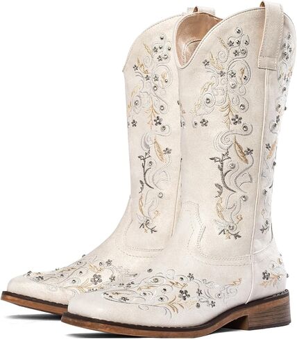 Women's Square Toe Rhinestone Cowgirl Boots | Vintage Retro Mid-Calf Western Cowboy Boots for Wedding & Fashion Daily Wear in Saudi Arabia