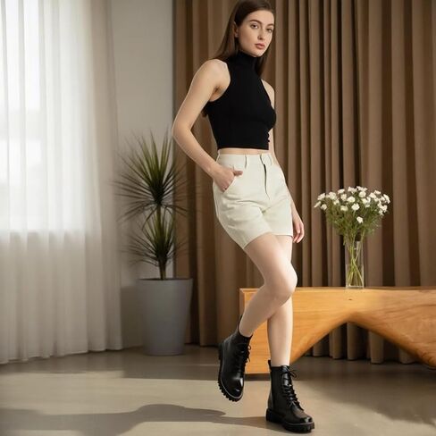 Women’s Genuine Leather Fashion Ankle Booties Causal 8-Eye Side Zipper Lace-up Combat Boots in Kuwait