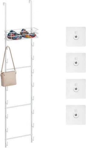 Over the Door Purse Organizer, 16-Hook Handbag Storage Rack with Top Basket, Secure with Self-Adhesive & Wobble-free, Vertical Space Saving Metal Wall-Mounted Hat Hanger, 56.3 x 11.8 in, White in Saudi Arabia