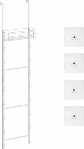 Over the Door Purse Organizer, 16-Hook Handbag Storage Rack with Top Basket, Secure with Self-Adhesive & Wobble-free, Vertical Space Saving Metal Wall-Mounted Hat Hanger, 56.3 x 11.8 in, White in Saudi Arabia