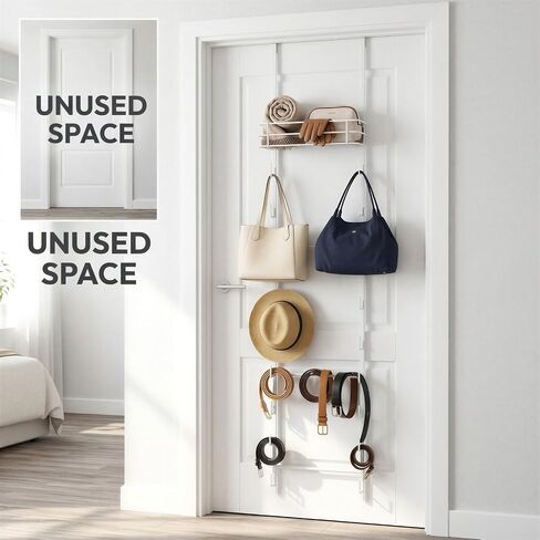 Over the Door Purse Organizer, 16-Hook Handbag Storage Rack with Top Basket, Secure with Self-Adhesive & Wobble-free, Vertical Space Saving Metal Wall-Mounted Hat Hanger, 56.3 x 11.8 in, White in Saudi Arabia