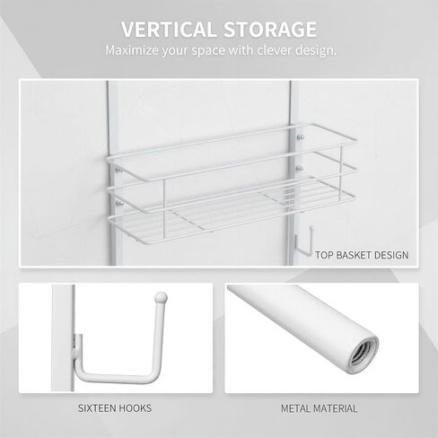 Over the Door Purse Organizer, 16-Hook Handbag Storage Rack with Top Basket, Secure with Self-Adhesive & Wobble-free, Vertical Space Saving Metal Wall-Mounted Hat Hanger, 56.3 x 11.8 in, White in Saudi Arabia
