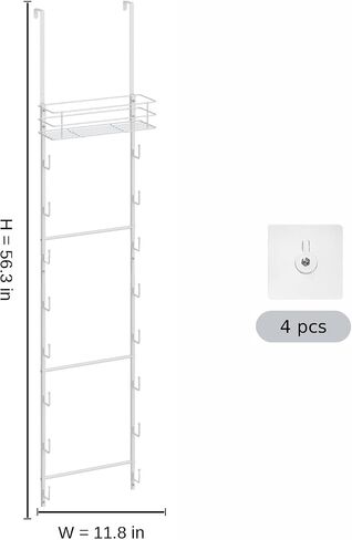 Over the Door Purse Organizer, 16-Hook Handbag Storage Rack with Top Basket, Secure with Self-Adhesive & Wobble-free, Vertical Space Saving Metal Wall-Mounted Hat Hanger, 56.3 x 11.8 in, White in Saudi Arabia