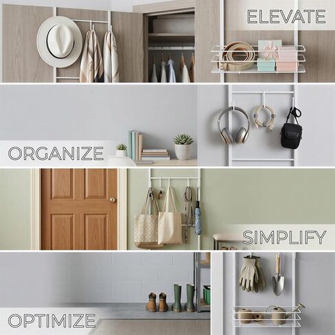 Over the Door Purse Organizer, 16-Hook Handbag Storage Rack with Top Basket, Secure with Self-Adhesive & Wobble-free, Vertical Space Saving Metal Wall-Mounted Hat Hanger, 56.3 x 11.8 in, White in Saudi Arabia