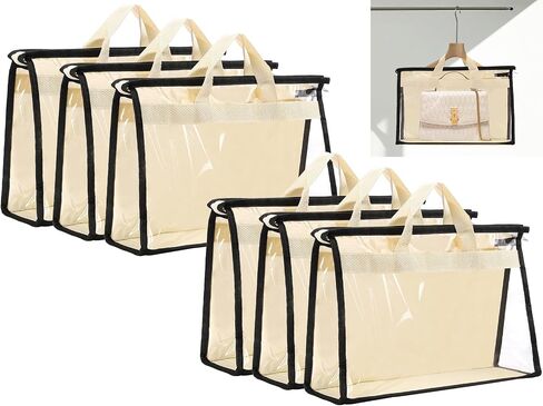 6 Pack Dust Bags for Handbags,Clear Handbag Storage Organizer,Purse Storage Bag with Zipper and Handle,Transparent Purse Protector Storage Bag,Handbag Dust Bags for Closet(Beige,Small) in Kuwait