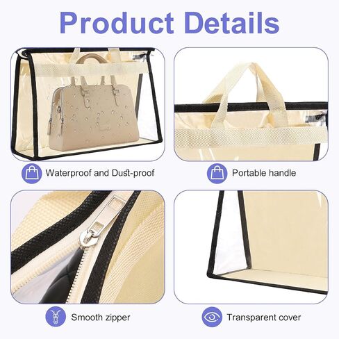 6 Pack Dust Bags for Handbags,Clear Handbag Storage Organizer,Purse Storage Bag with Zipper and Handle,Transparent Purse Protector Storage Bag,Handbag Dust Bags for Closet(Beige,Small) in Kuwait