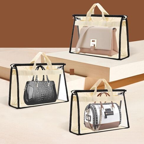 6 Pack Dust Bags for Handbags,Clear Handbag Storage Organizer,Purse Storage Bag with Zipper and Handle,Transparent Purse Protector Storage Bag,Handbag Dust Bags for Closet(Beige,Small) in Kuwait