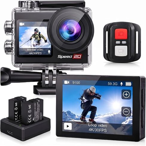 Action Camera Speed 50 4K60FPS WiFi with 2" Touch Screen EIS 5X Zoom Remote Control,Bare Machine Waterproof 33FT with Waterproof Case 131FT, 2x1550mAh Battery, Vlog Camera - Carbon Black in Saudi Arabia