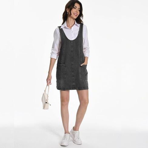 Mars Guard Denim Jumper Dress Women,100% Cotton Overall Mini Dress with Adjustable Straps and Pockets,Sleeveless Loose Fit in Saudi Arabia